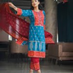 Purple & Deep Green Printed & Embroidered Cotton 3 Piece Salwar Kameez Set for Women | Flickere Outfit