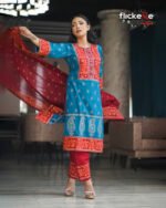 Purple & Deep Green Printed & Embroidered Cotton 3 Piece Salwar Kameez Set for Women | Flickere Outfit